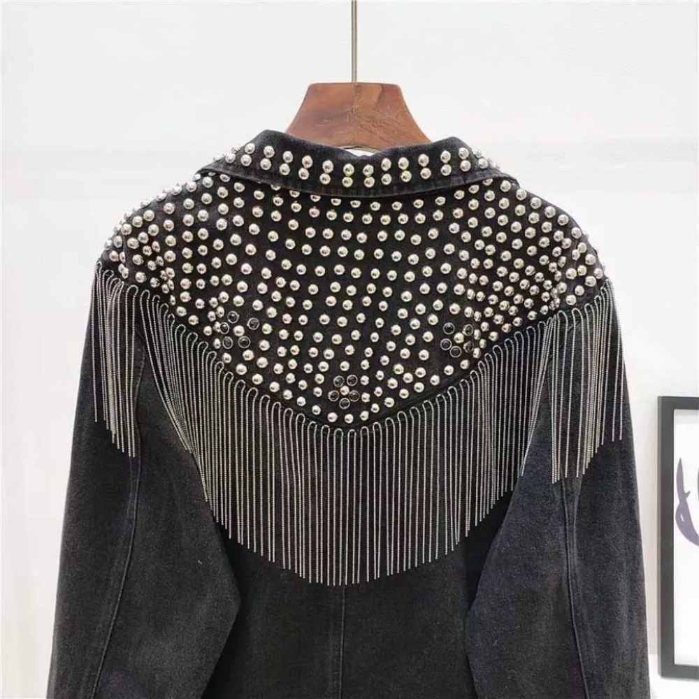 SOLD OUT Black Oversized Studded Chain Fringe Denim Jacket - Picture 4 of 8